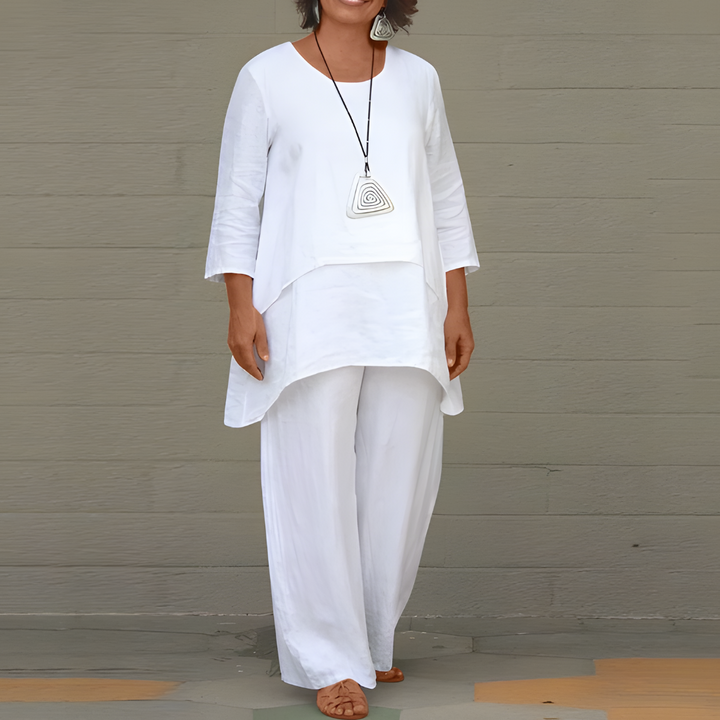 Linen Two-Piece Set Women's Short Sleeve Top Matching Pants Casual