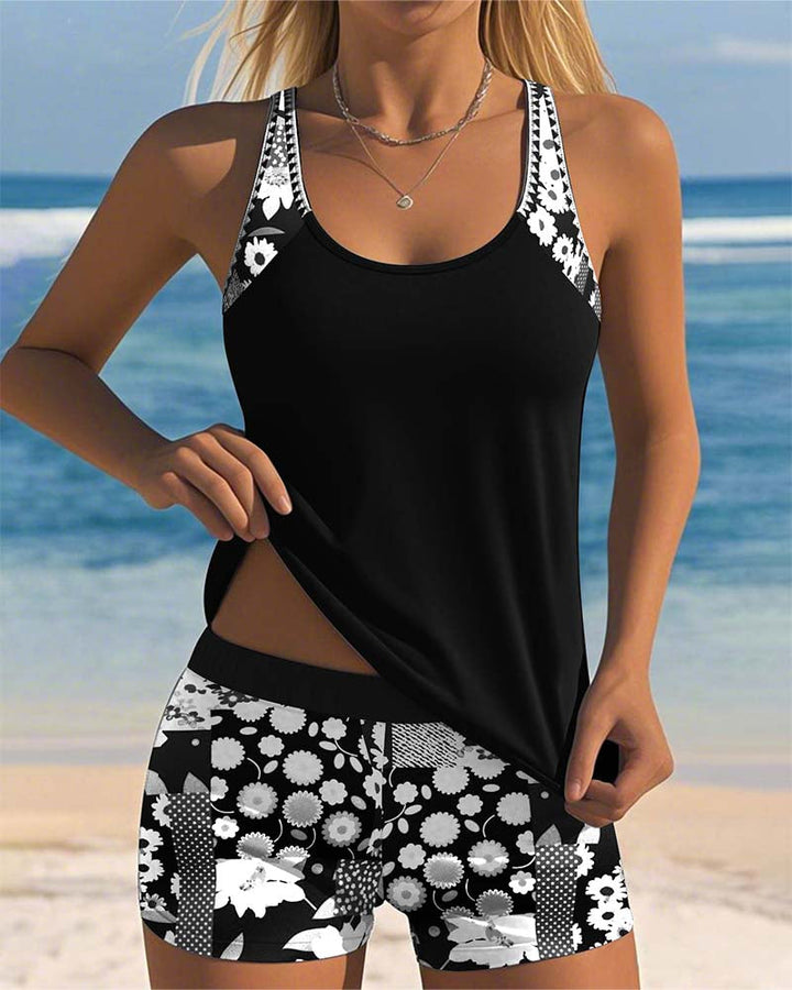 Two Piece Swimsuit with Tank Style Top and Floral Shorts