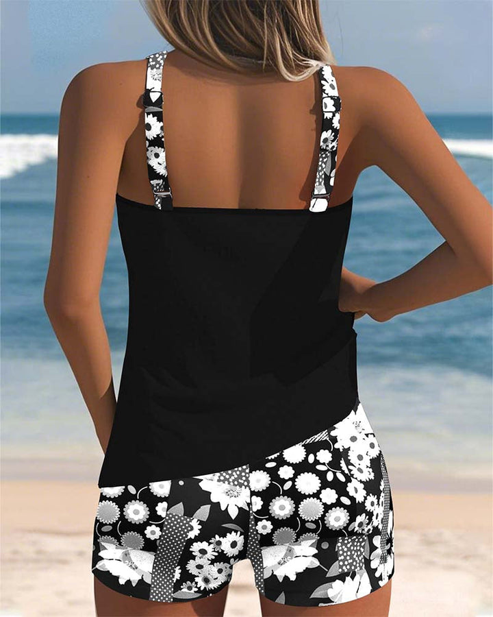 Two Piece Swimsuit with Tank Style Top and Floral Shorts