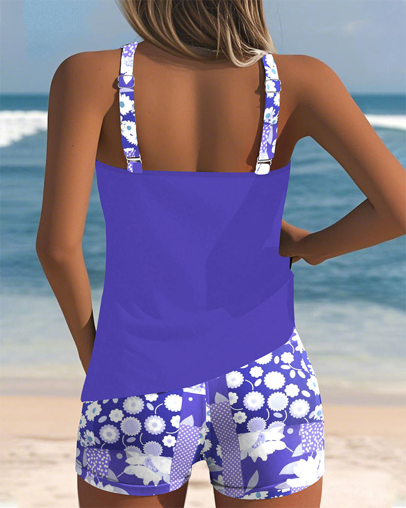 Two Piece Swimsuit with Tank Style Top and Floral Shorts
