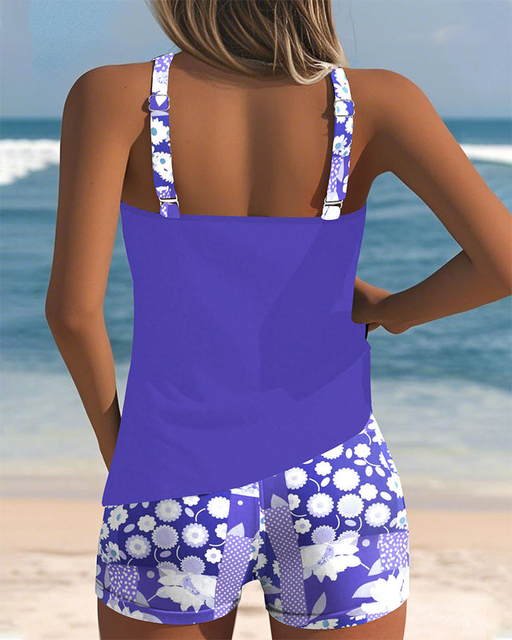 Two Piece Swimsuit with Tank Style Top and Floral Shorts