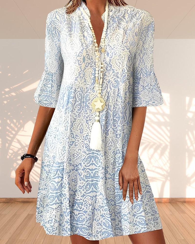 Women's Bohemian Floral Dress V-Neck 3/4 Bell Sleeve Loose Fit