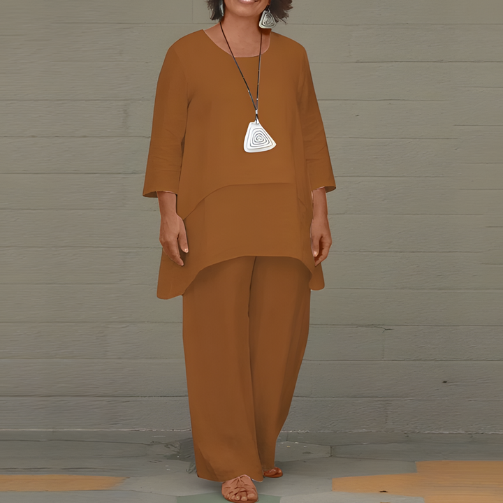 Linen Two-Piece Set Women's Short Sleeve Top Matching Pants Casual