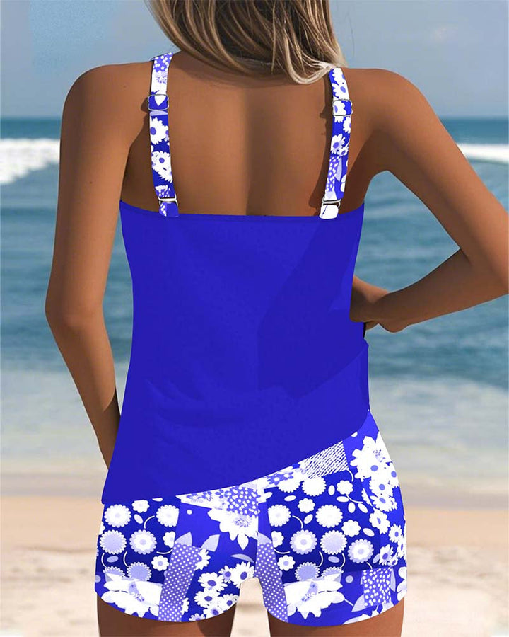 Two Piece Swimsuit with Tank Style Top and Floral Shorts