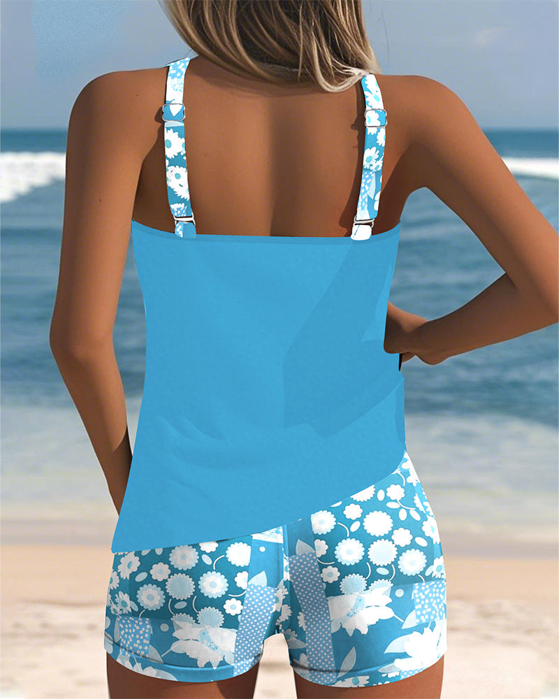 Two Piece Swimsuit with Tank Style Top and Floral Shorts
