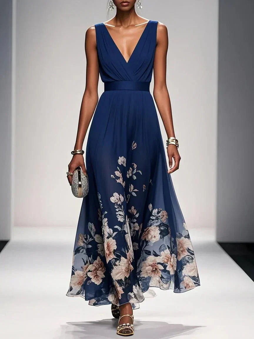 Floral Wedding Guest Dress Deep V Flowing Formal Occasion