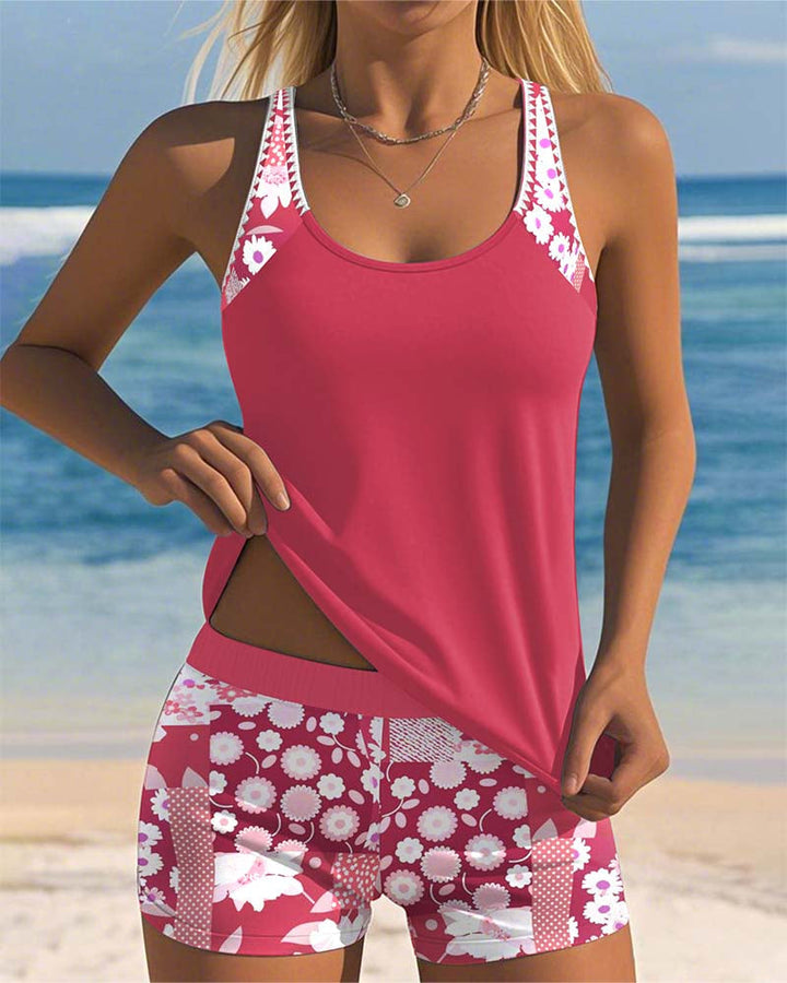 Two Piece Swimsuit with Tank Style Top and Floral Shorts