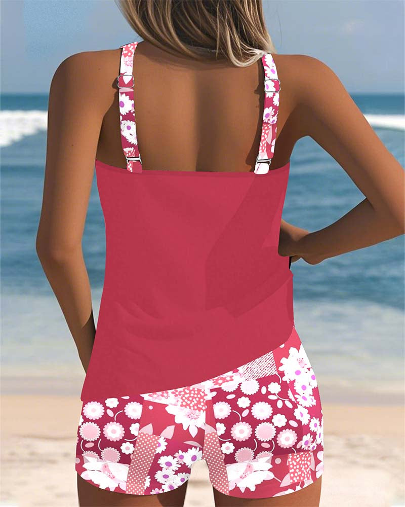 Two Piece Swimsuit with Tank Style Top and Floral Shorts