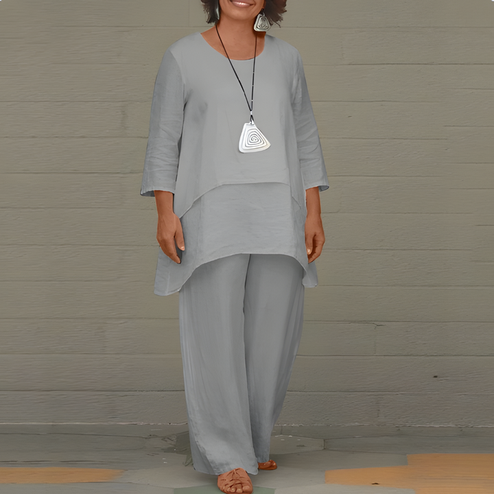 Linen Two-Piece Set Women's Short Sleeve Top Matching Pants Casual