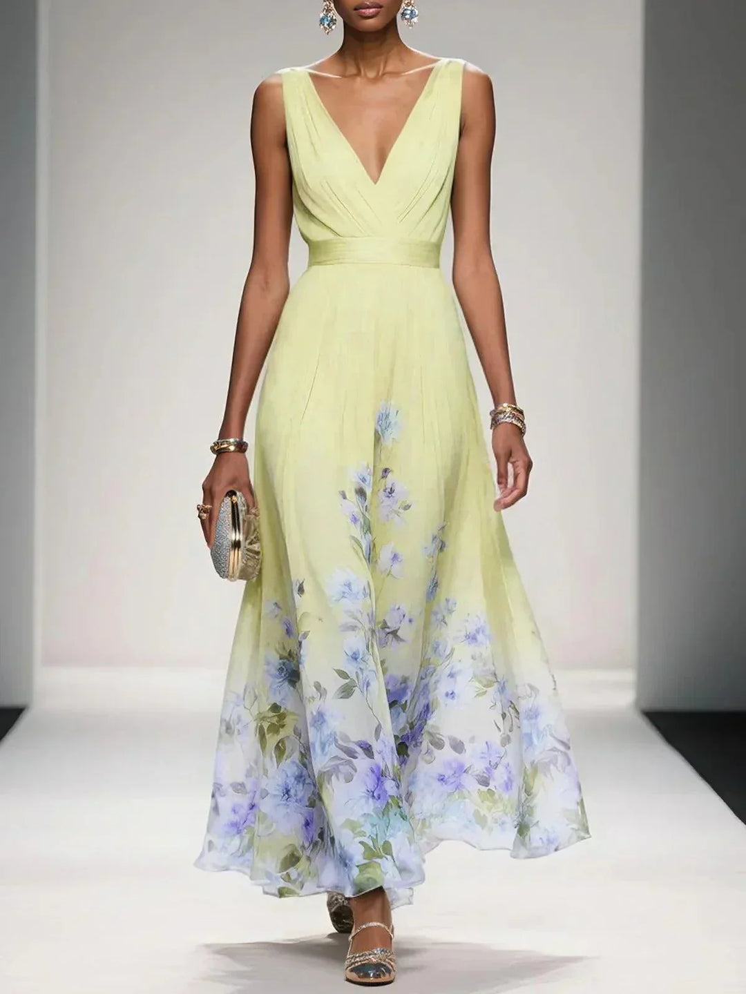 Floral Wedding Guest Dress Deep V Flowing Formal Occasion