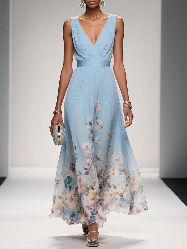 Floral Wedding Guest Dress Deep V Flowing Formal Occasion