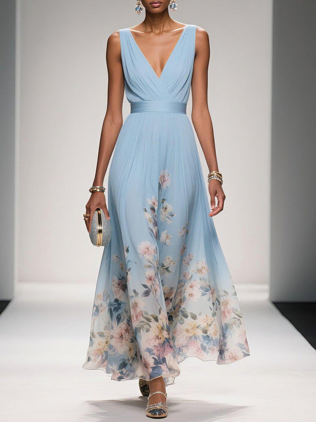 Floral Wedding Guest Dress Deep V Flowing Formal Occasion