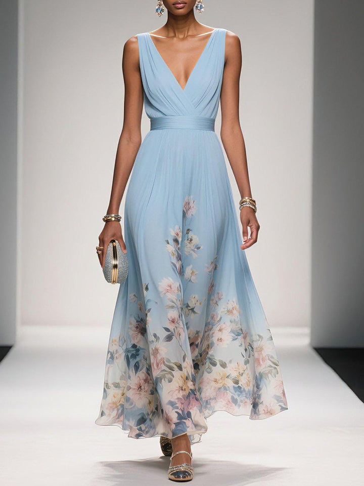 Floral Wedding Guest Dress Deep V Flowing Formal Occasion