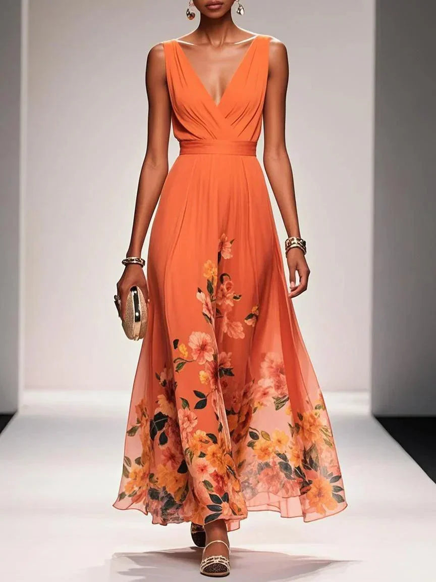 Floral Wedding Guest Dress Deep V Flowing Formal Occasion
