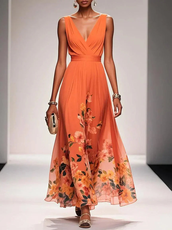 Floral Wedding Guest Dress Deep V Flowing Formal Occasion