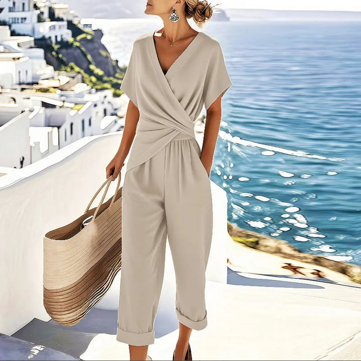 Two-Piece Set Wrap Top Cropped Trousers Lightweight Summer Chic