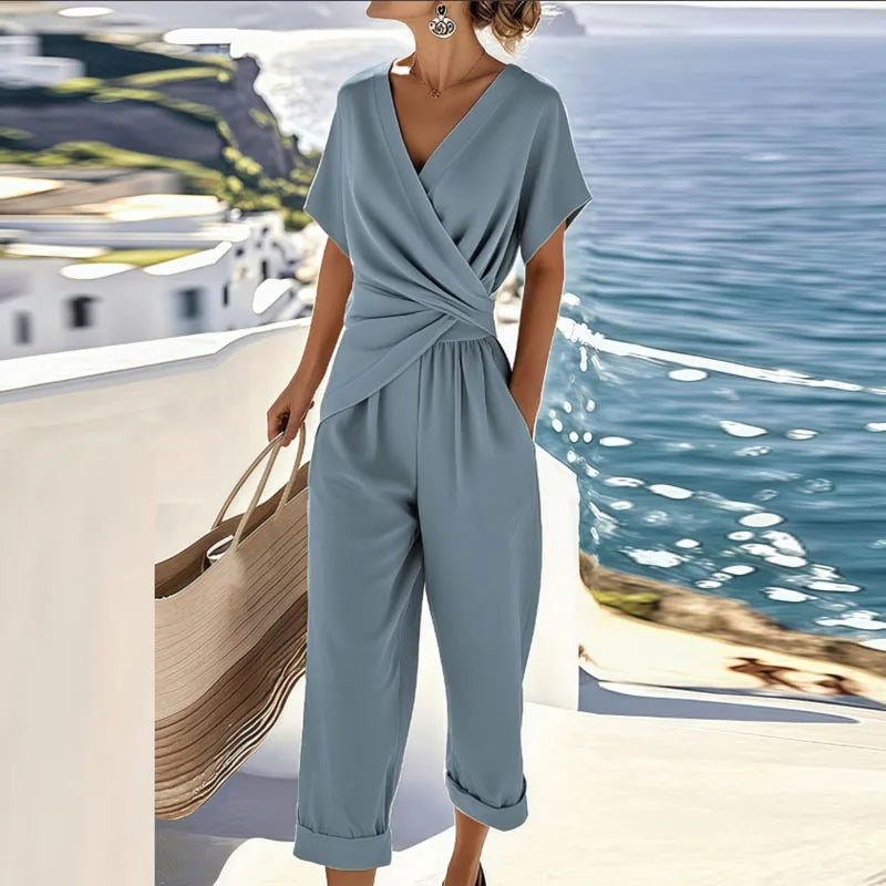 Two-Piece Set Wrap Top Cropped Trousers Lightweight Summer Chic