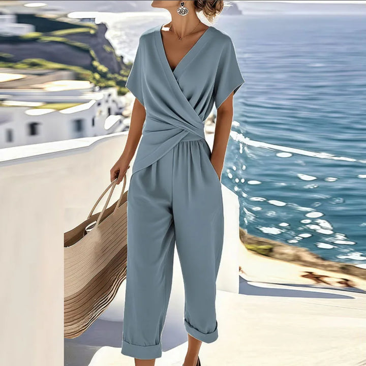 Two-Piece Set Wrap Top Cropped Trousers Lightweight Summer Chic