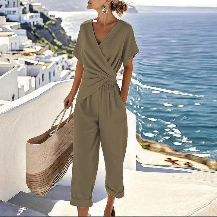 Two-Piece Set Wrap Top Cropped Trousers Lightweight Summer Chic