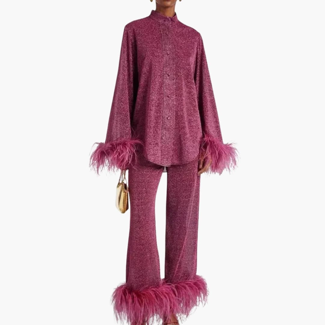 Matching Two-Piece Set Feather Cuff Trim Pointed Collar Elastic Waist
