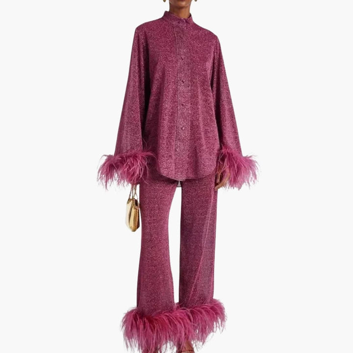 Matching Two-Piece Set Feather Cuff Trim Pointed Collar Elastic Waist