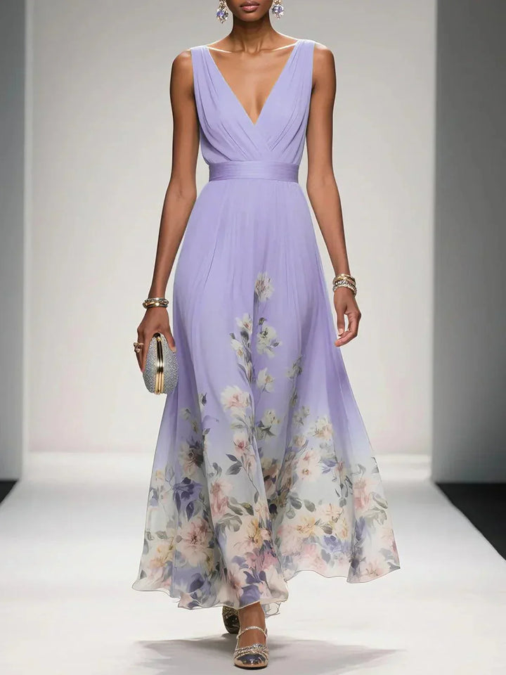 Floral Wedding Guest Dress Deep V Flowing Formal Occasion