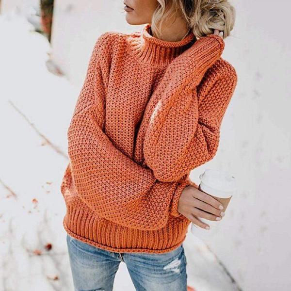 Women's Knit Turtleneck Sweater High Neck Long Sleeve Relaxed Fit