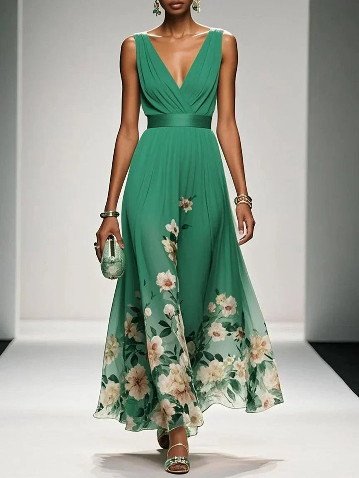 Floral Wedding Guest Dress Deep V Flowing Formal Occasion