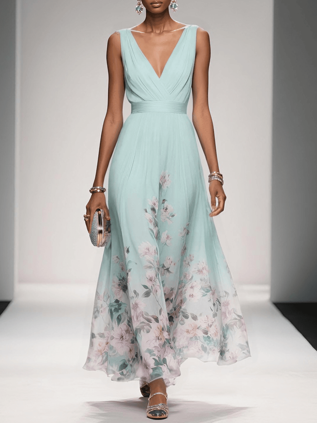 Floral Wedding Guest Dress Deep V Flowing Formal Occasion