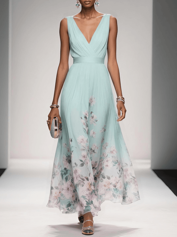 Floral Wedding Guest Dress Deep V Flowing Formal Occasion