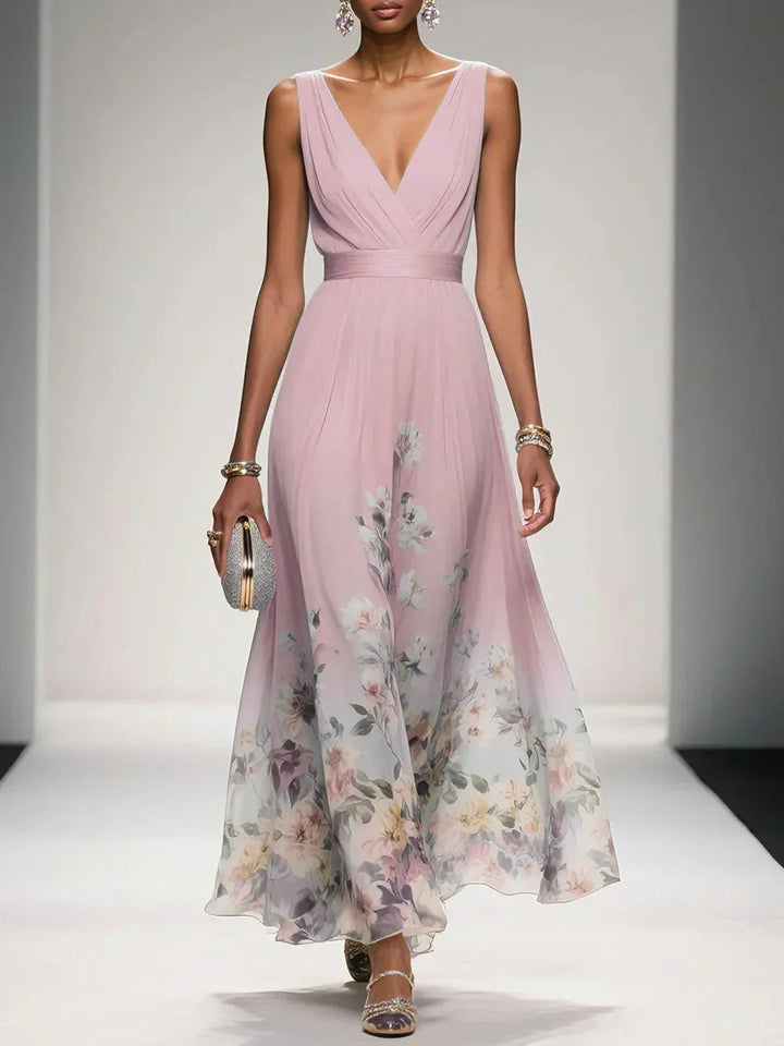 Floral Wedding Guest Dress Deep V Flowing Formal Occasion
