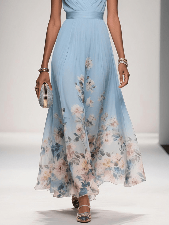 Floral Wedding Guest Dress Deep V Flowing Formal Occasion
