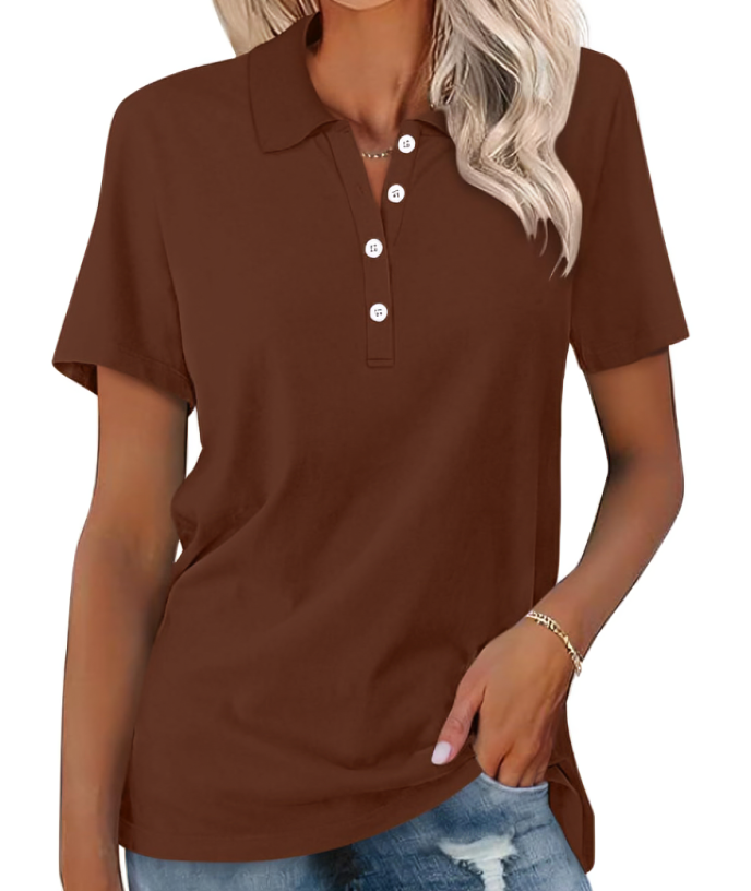 Polo Shirt Women's Cotton Blend Short Sleeve Side Slits Relaxed