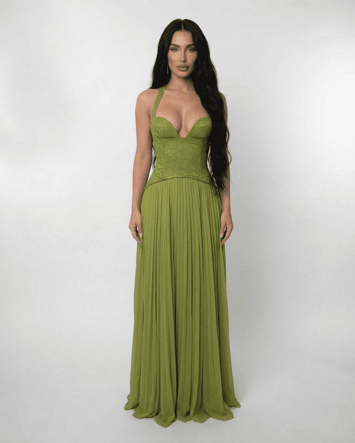 Women's Lace Maxi Dress Halter Neck Pleated Chiffon Olive
