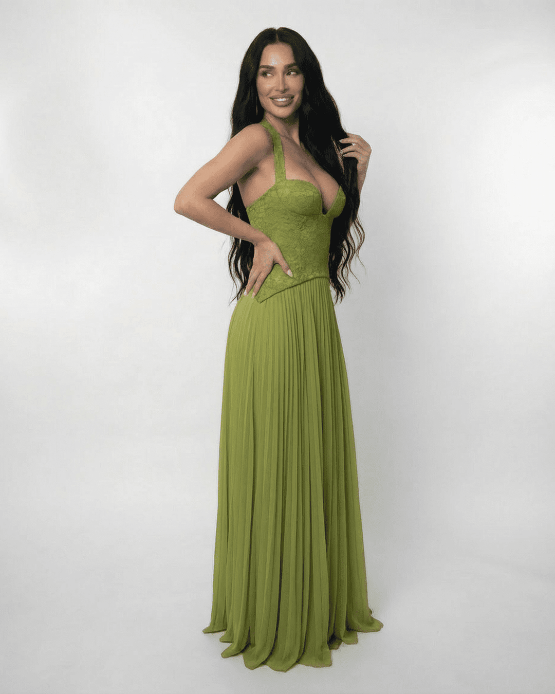Women's Lace Maxi Dress Halter Neck Pleated Chiffon Olive