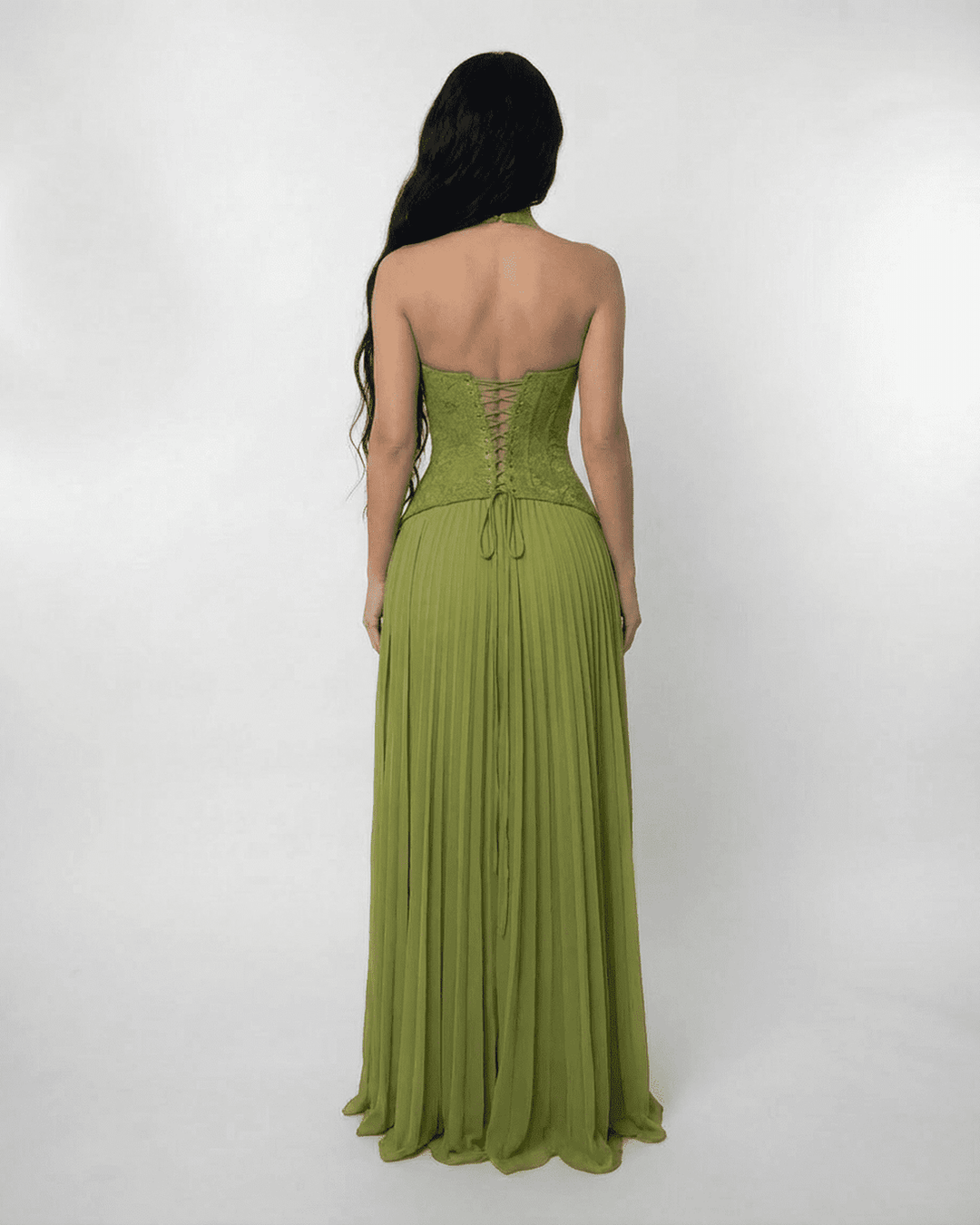 Women's Lace Maxi Dress Halter Neck Pleated Chiffon Olive