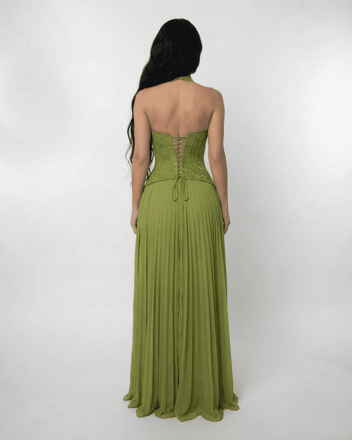 Women's Lace Maxi Dress Halter Neck Pleated Chiffon Olive