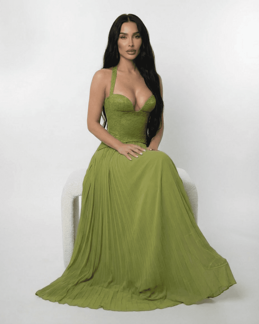 Women's Lace Maxi Dress Halter Neck Pleated Chiffon Olive