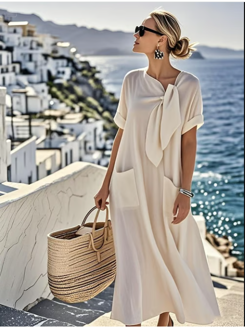 Oversized A-Line Maxi Dress Tie Neck Pockets Relaxed Fit Casual