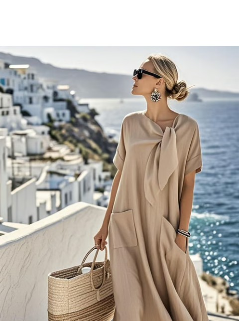 Oversized A-Line Maxi Dress Tie Neck Pockets Relaxed Fit Casual
