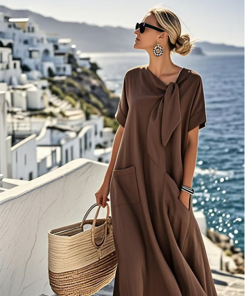 Oversized A-Line Maxi Dress Tie Neck Pockets Relaxed Fit Casual