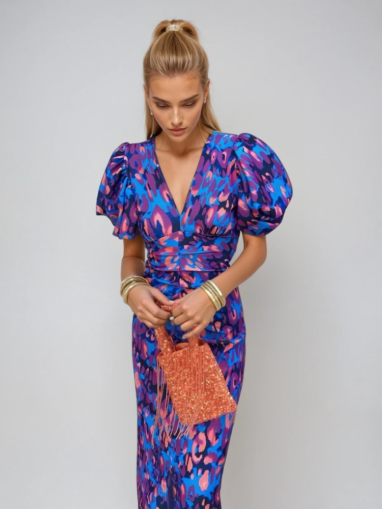 Pencil Midi Dress Women Deep V-Neck Puff Sleeve Cocktail