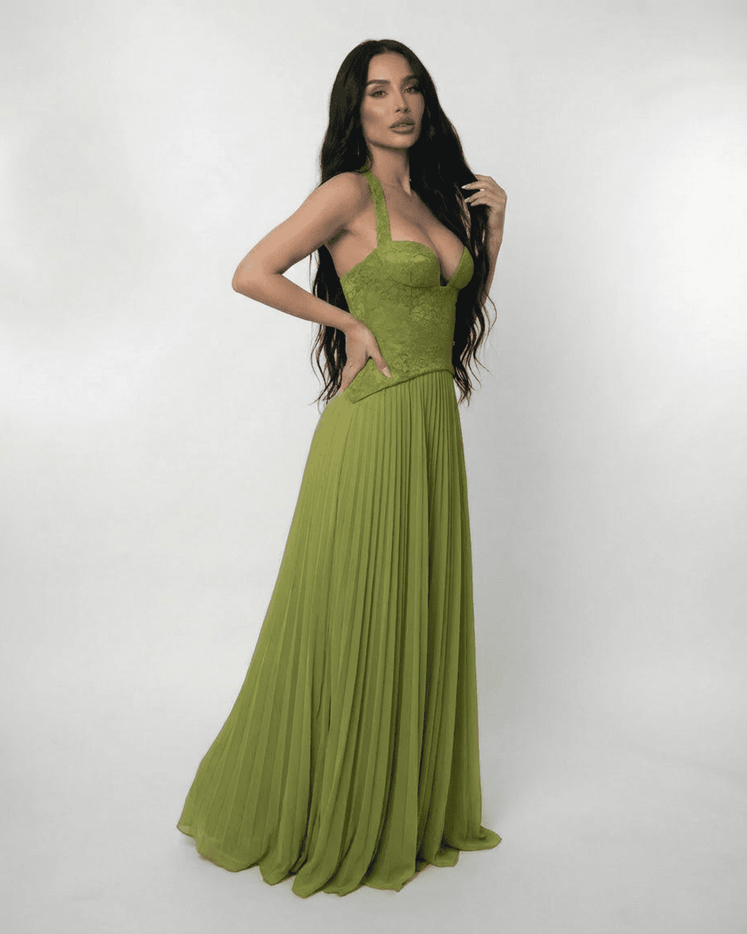 Women's Lace Maxi Dress Halter Neck Pleated Chiffon Olive