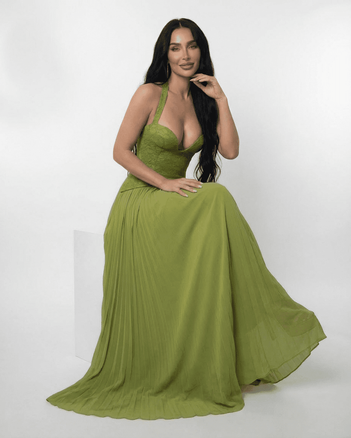 Women's Lace Maxi Dress Halter Neck Pleated Chiffon Olive