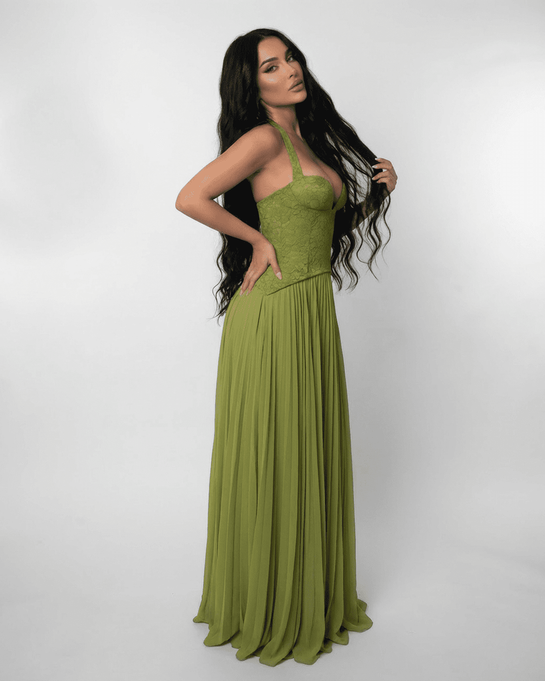 Women's Lace Maxi Dress Halter Neck Pleated Chiffon Olive