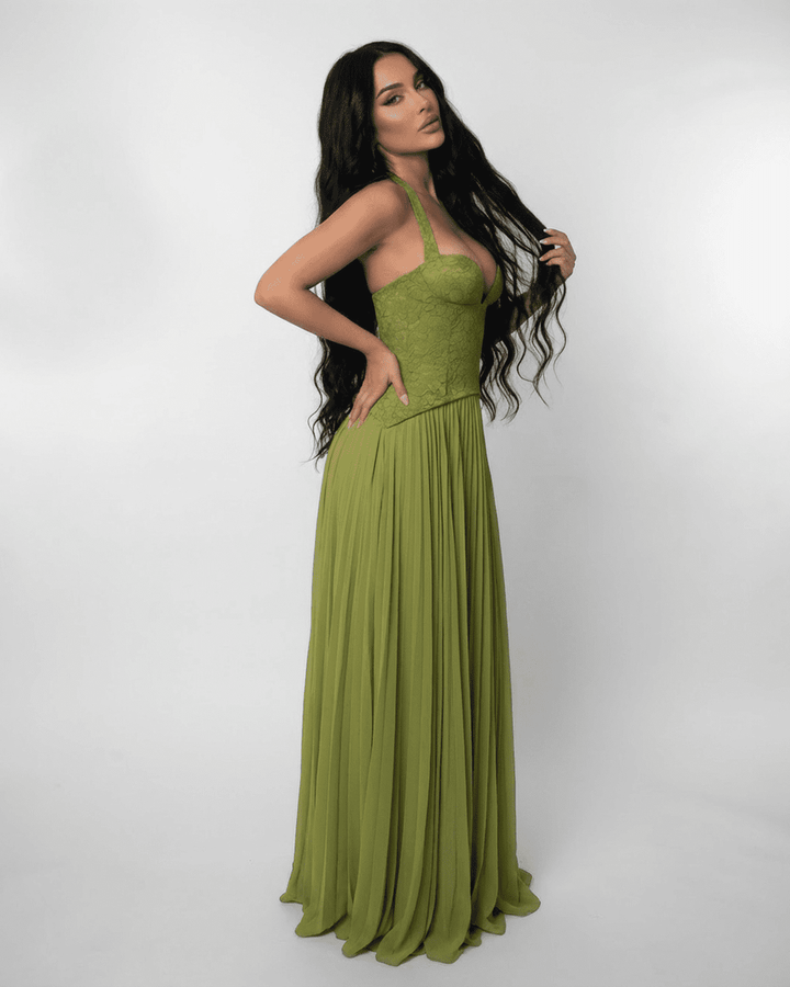 Women's Lace Maxi Dress Halter Neck Pleated Chiffon Olive