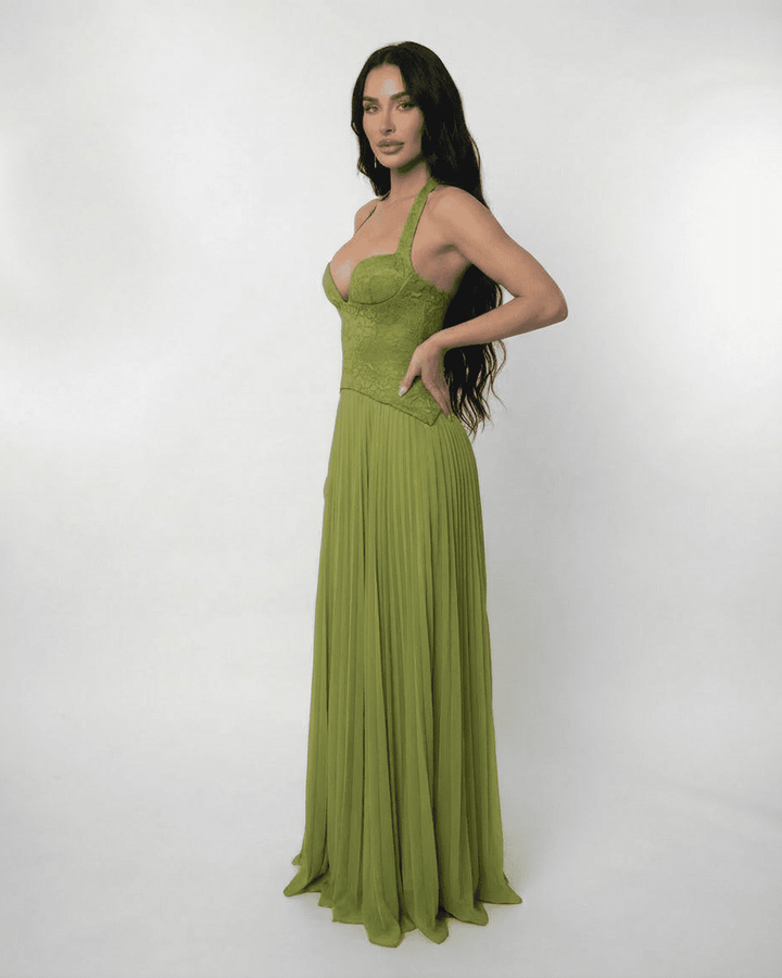 Women's Lace Maxi Dress Halter Neck Pleated Chiffon Olive