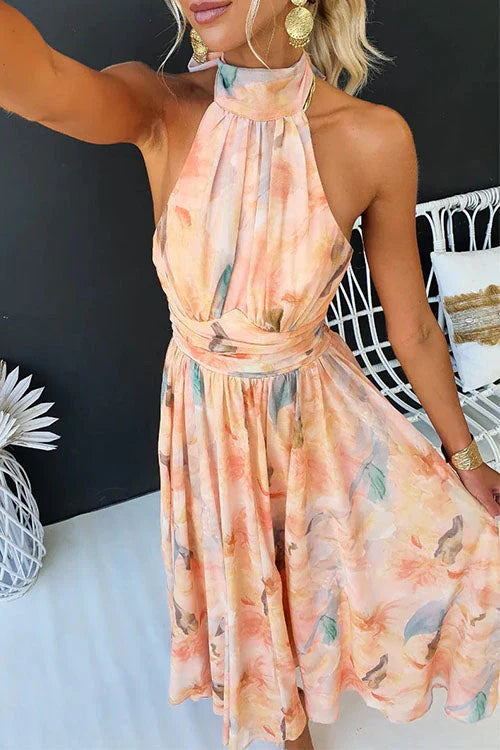 Sleeveless Halter Maxi Dress Open Back Waist Seam Wedding Guest