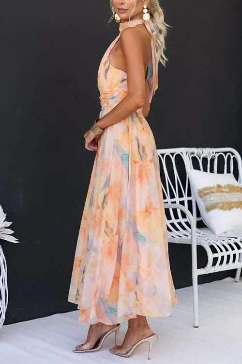 Sleeveless Halter Maxi Dress Open Back Waist Seam Wedding Guest