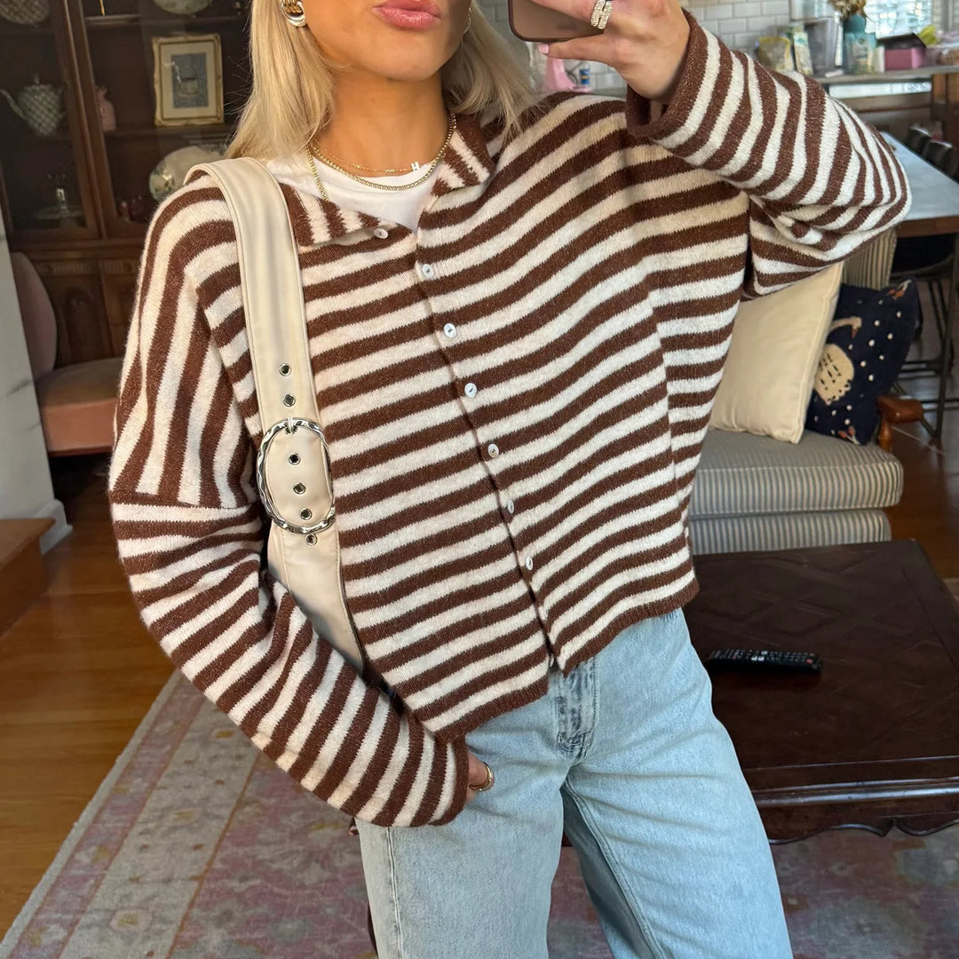 Long Sleeve Striped Cardigan Full Button Front Stand Collar 6 Colors